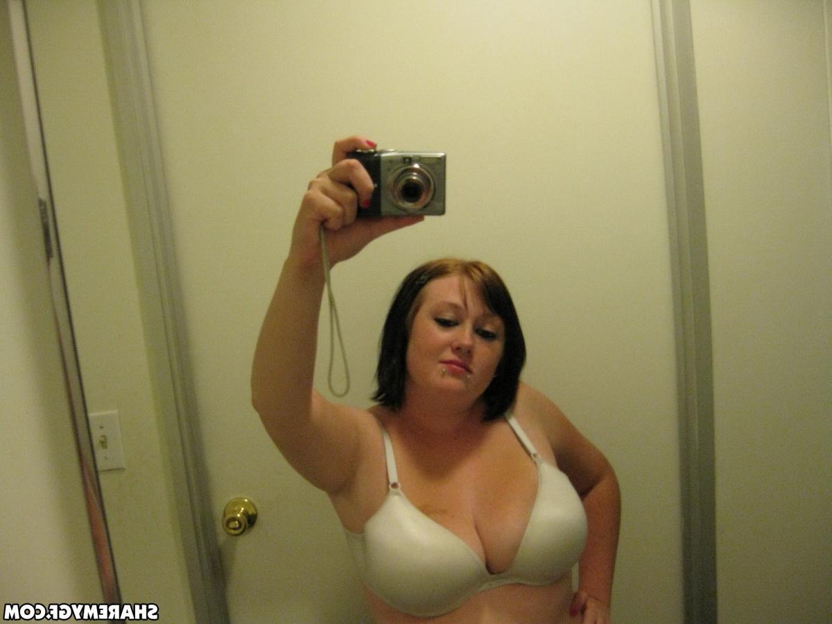 12P Chubby girlfriend takes selfshot pictures of her big natural tits in the mirror