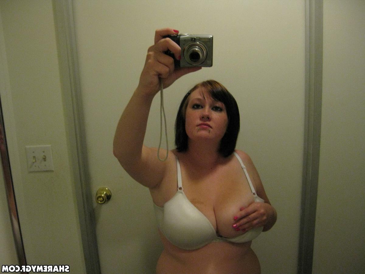 12P Chubby girlfriend takes selfshot pictures of her big natural tits in the mirror