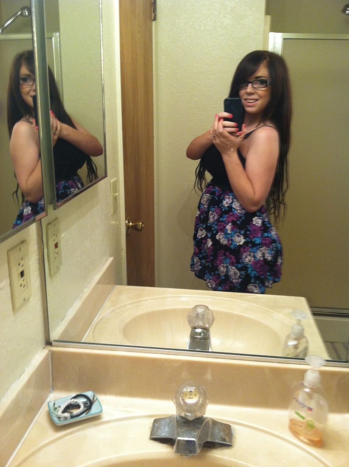 12P Cute Amateur Brunette taking selfies in the bathroom