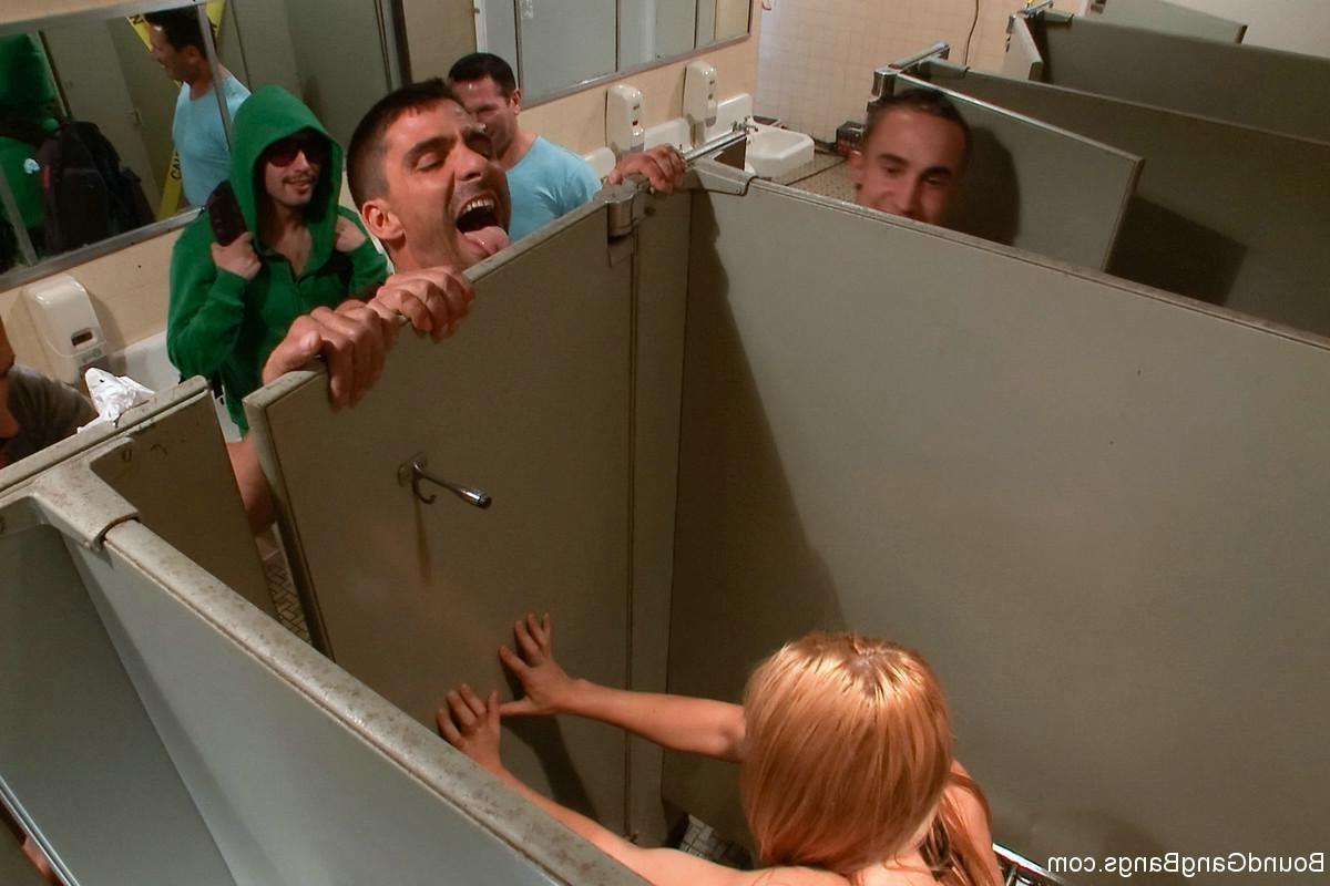 24P Babe gets tied up and gangbanged in filthy public bathroom