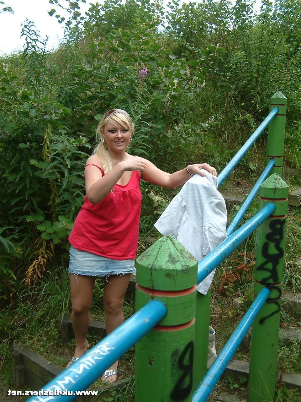 16P Amateur exhibitionist Lena stripping nude in public and blonde busty babes outdo