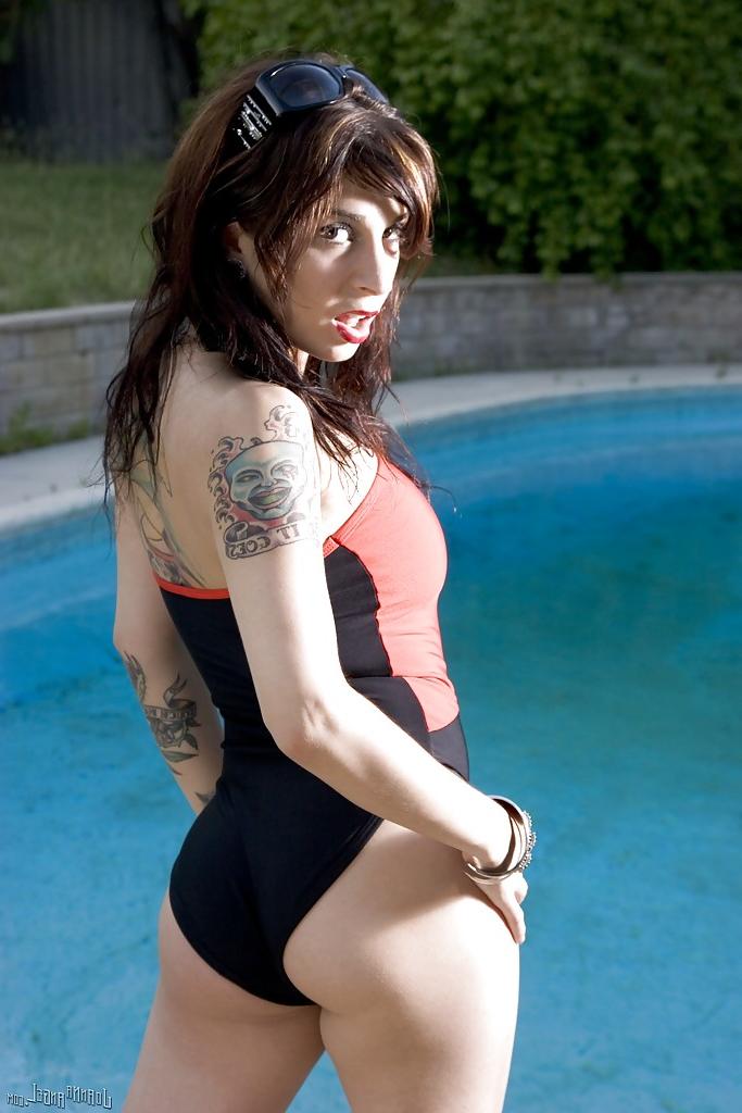 16P Amateur milf Joanna Angel demonstrates her sexy tattoos at the pool