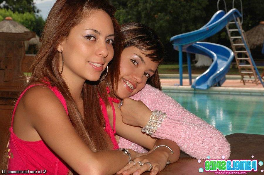 15P Pictures of teen amateur Pamela Spice having lesbian sex by the pool