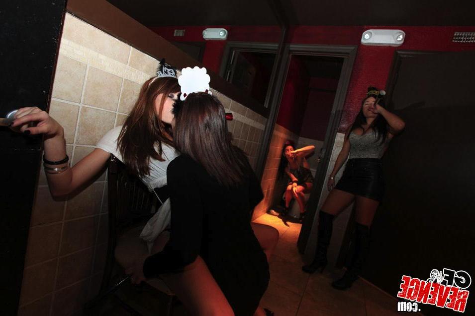 10P Horny girlfriends give each other lesbian pleasure in the night club bathroom