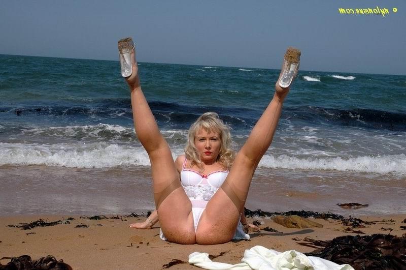 12P Blonde amateur milf in nylons on the beach