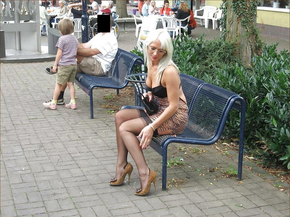 15P sexy milf outdoors in black seamed stockings