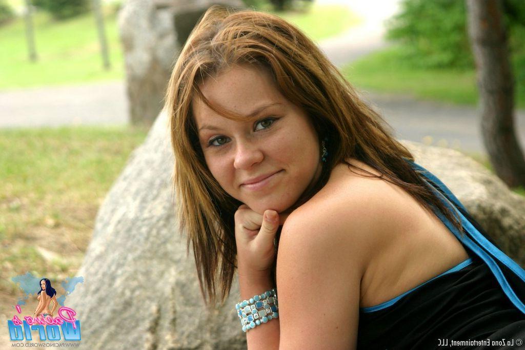 15P Pictures of Natalie exposing her perky tits and tight teen pussy for you outside