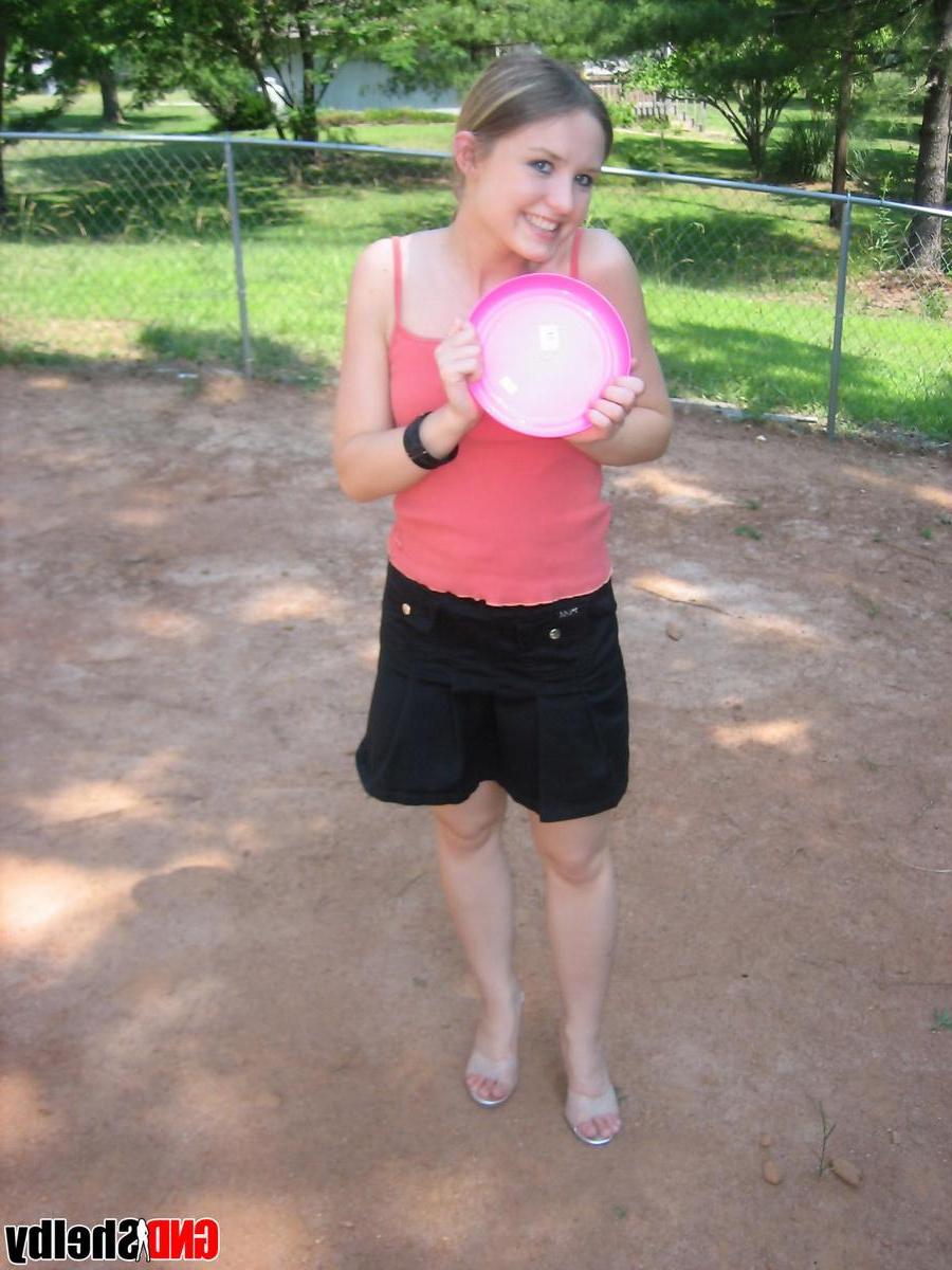 12P Perky teen Shelby flashes her tits outside while playing around