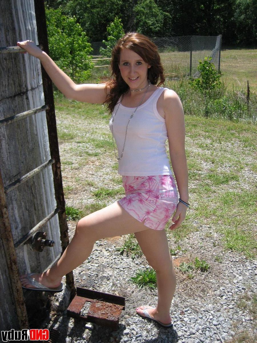 12P Slutty redhead teen Ruby flashes her perky tits outdoors