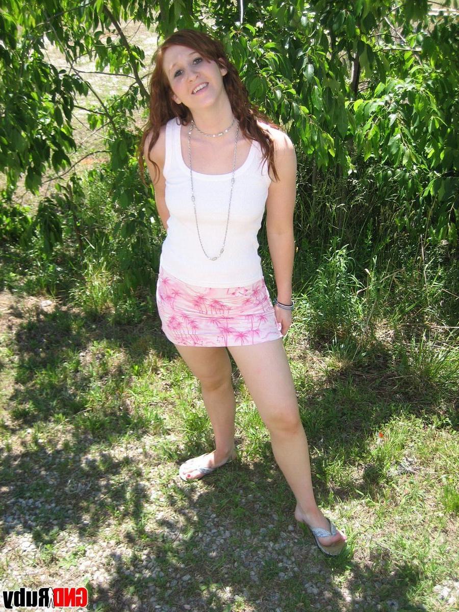 12P Slutty redhead teen Ruby flashes her perky tits outdoors