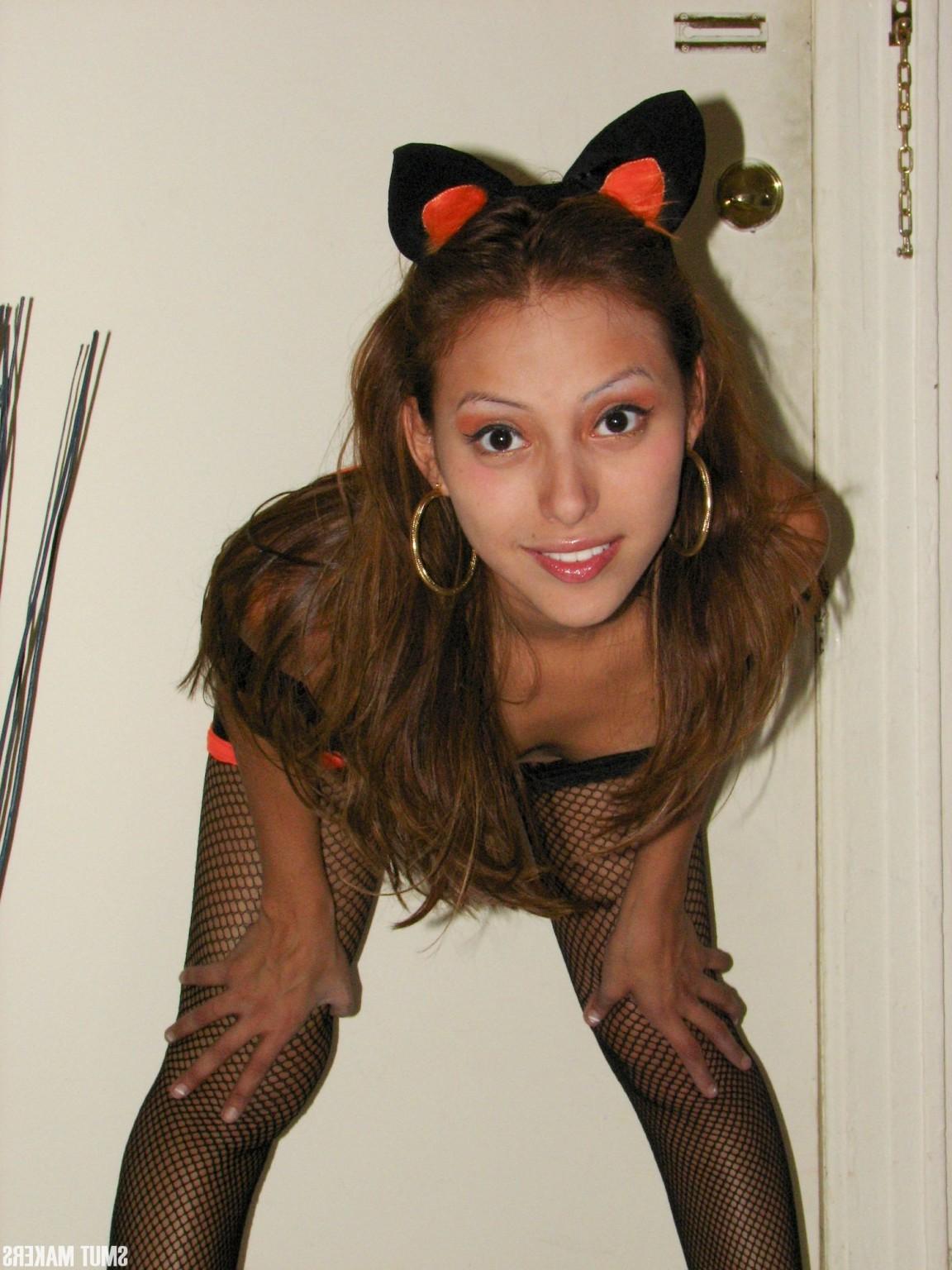 15P Latina teen is ready for Halloween in her cute Kitty costume