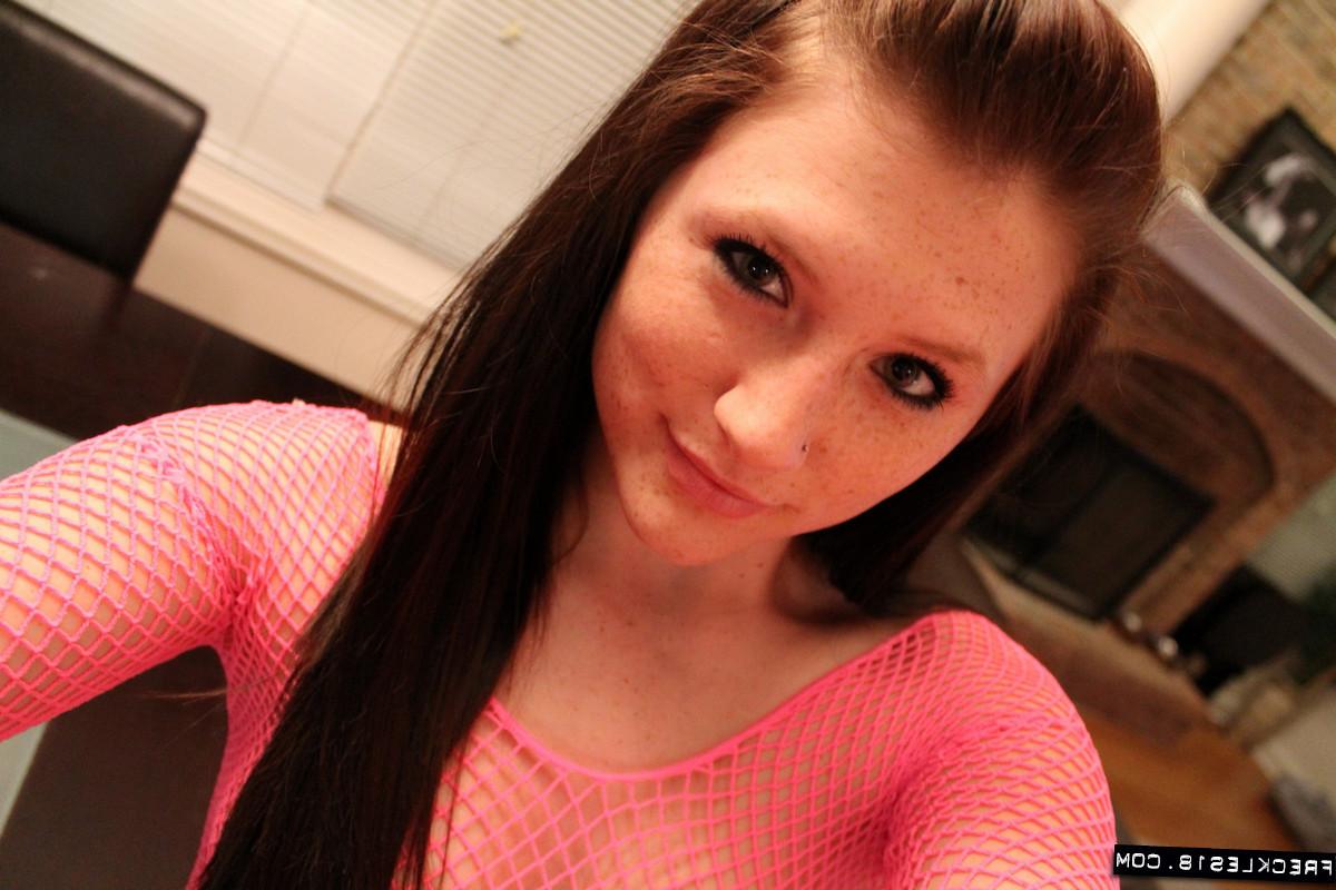 12P Amateur freckled teen in fishnet top