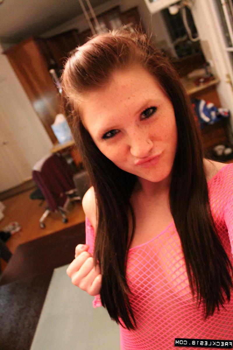 12P Amateur freckled teen in fishnet top