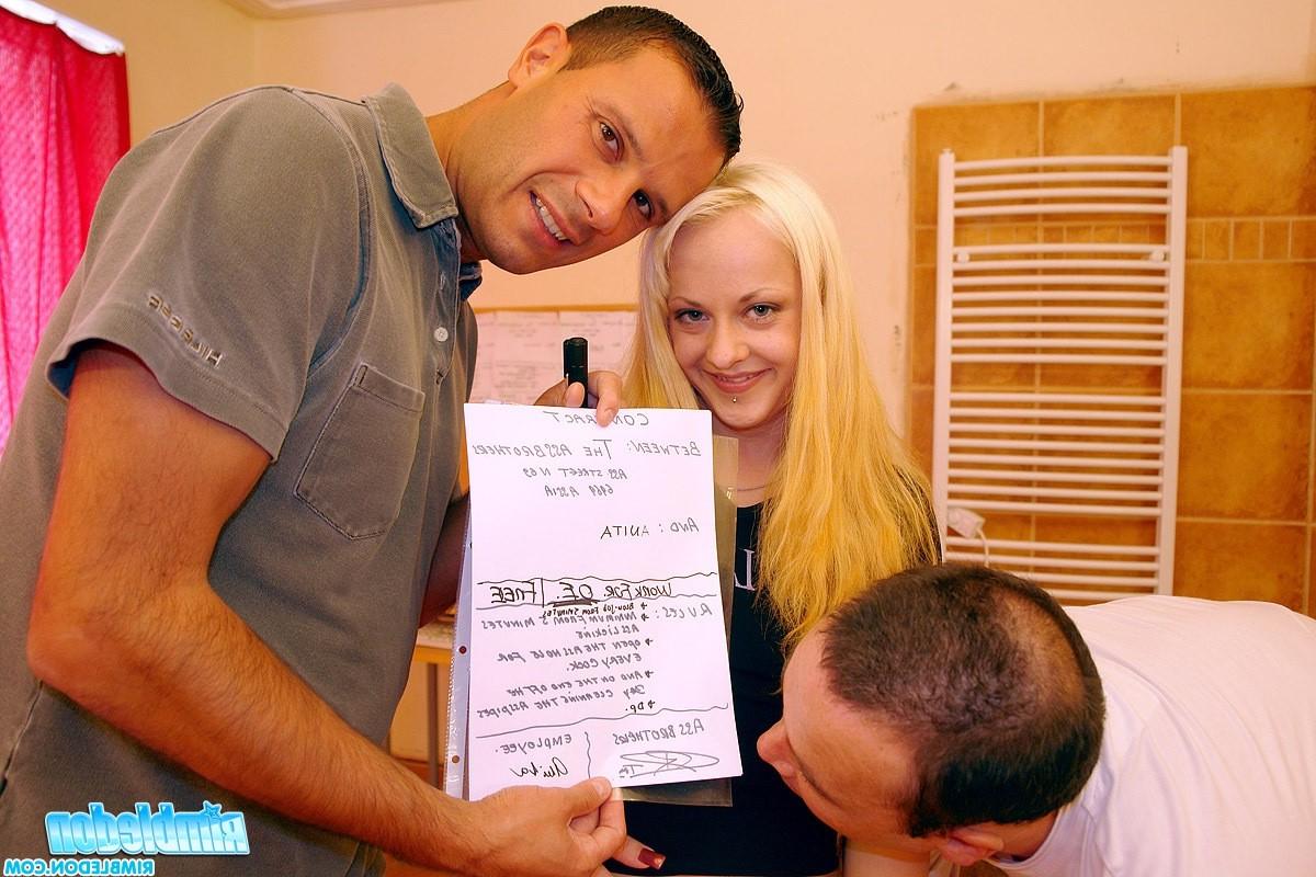 13P Blonde girl signs a contract to lick two guys asses for cash