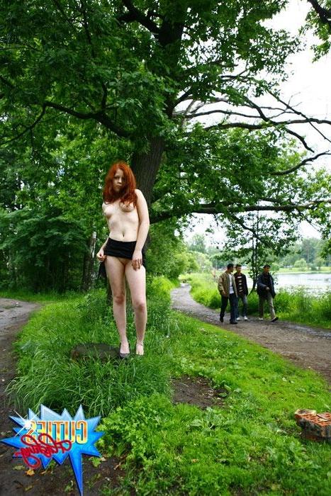 16P Lucky passers-by watch a sweet redhead pose nude