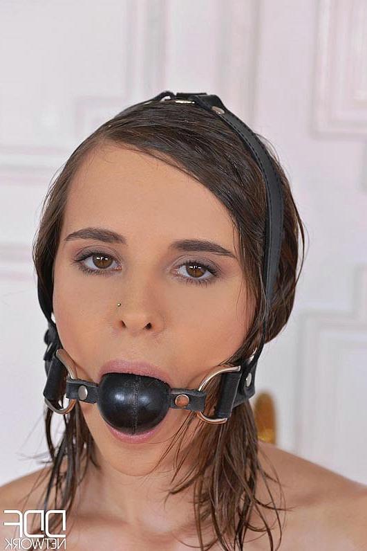 16P Ainara Reina ballgag brunette playing with metal toys in her shaved pussy and as