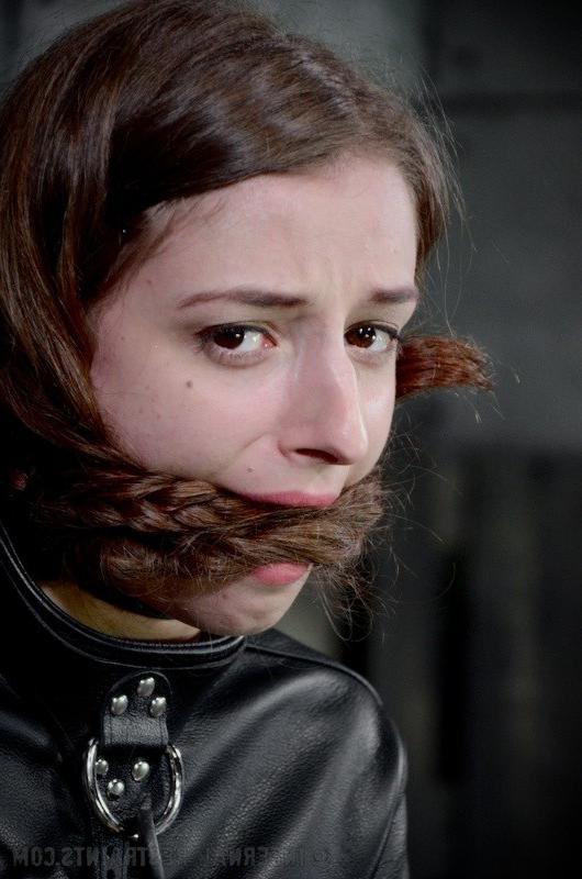 16P Willow Hayes pigtails brunette babe is bound in leather straightjacket