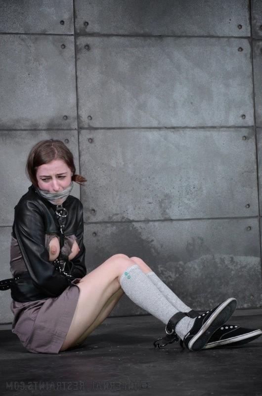 16P Willow Hayes pigtails brunette babe is bound in leather straightjacket