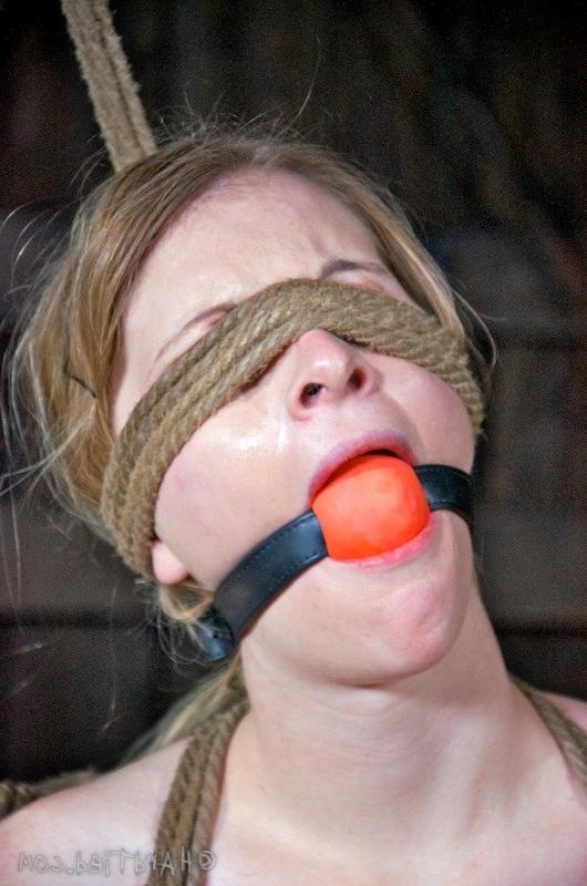 16P Mira Raine hot blonde in strict rope bondage her tits toyed