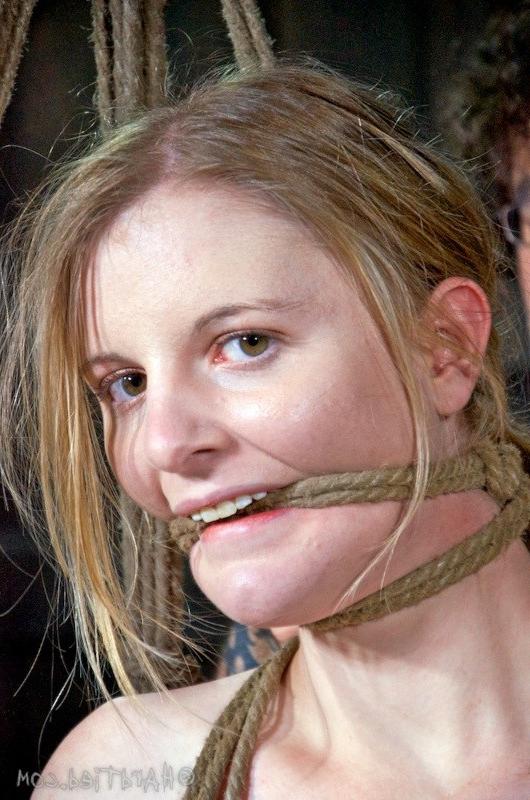 16P Mira Raine hot blonde in strict rope bondage her tits toyed