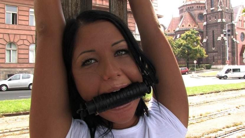 15P Pretty brunette experienced in bondage and fucked outside