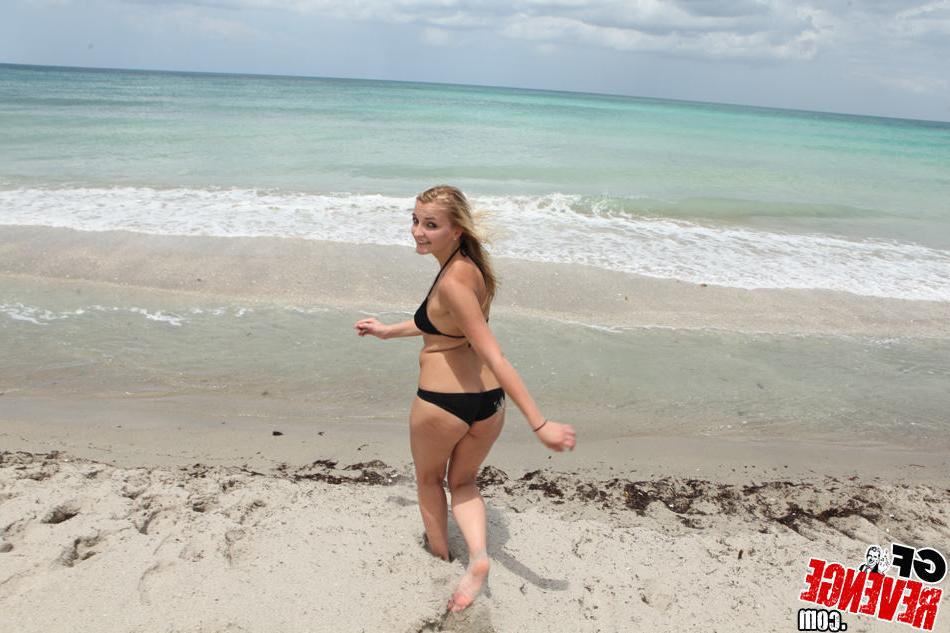 15P Cute amateur teen girlfriend doing cartwheels on beach in bikini