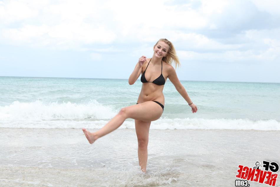15P Cute amateur teen girlfriend doing cartwheels on beach in bikini