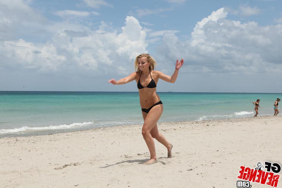 15P Cute amateur teen girlfriend doing cartwheels on beach in bikini