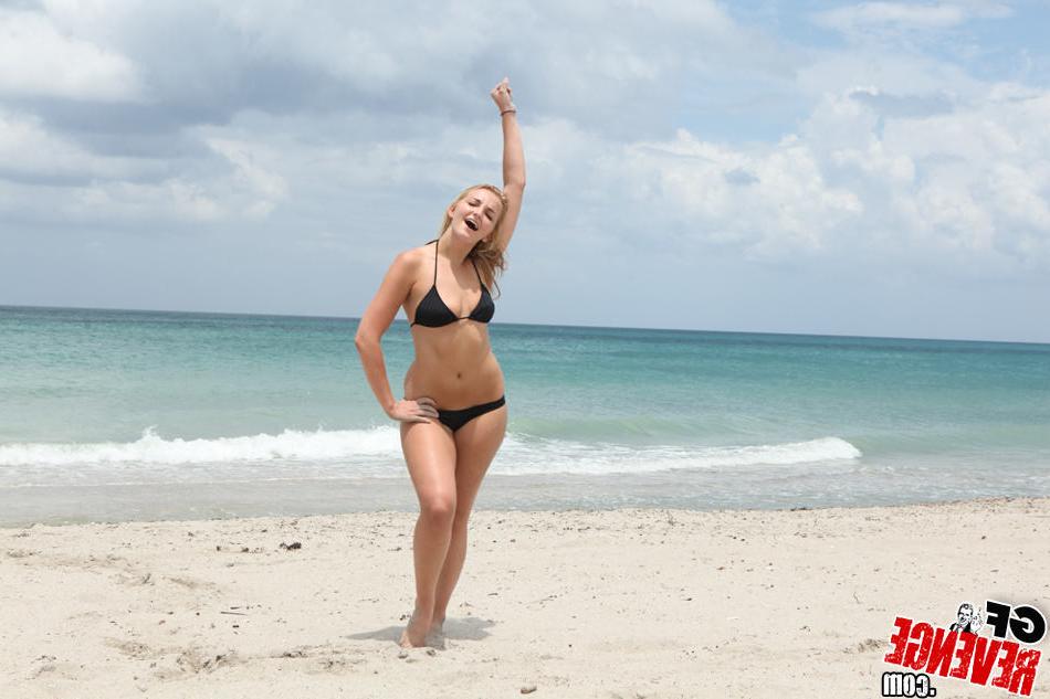 15P Cute amateur teen girlfriend doing cartwheels on beach in bikini