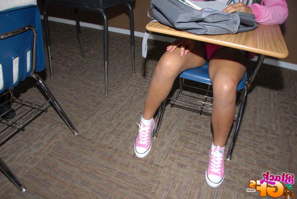 15P Ebony amateur teen girlfriend showing panties under school desk