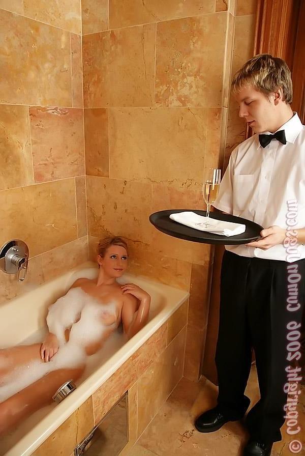19P Big titted babe gets hardcored by lucky waiter in bathtub