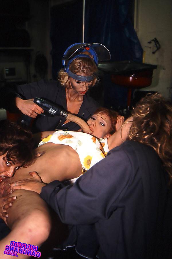18P huge lesbian orgy with strapons and dildos in a service station