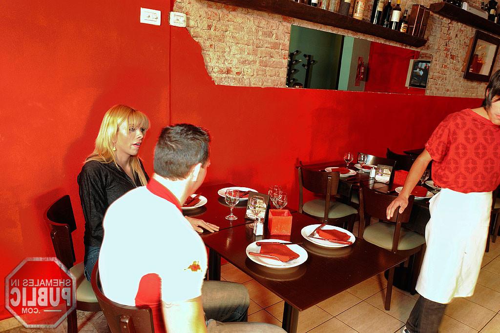 15P Sex is on the menu as this horny blonde shemale bangs her stud in a cafe