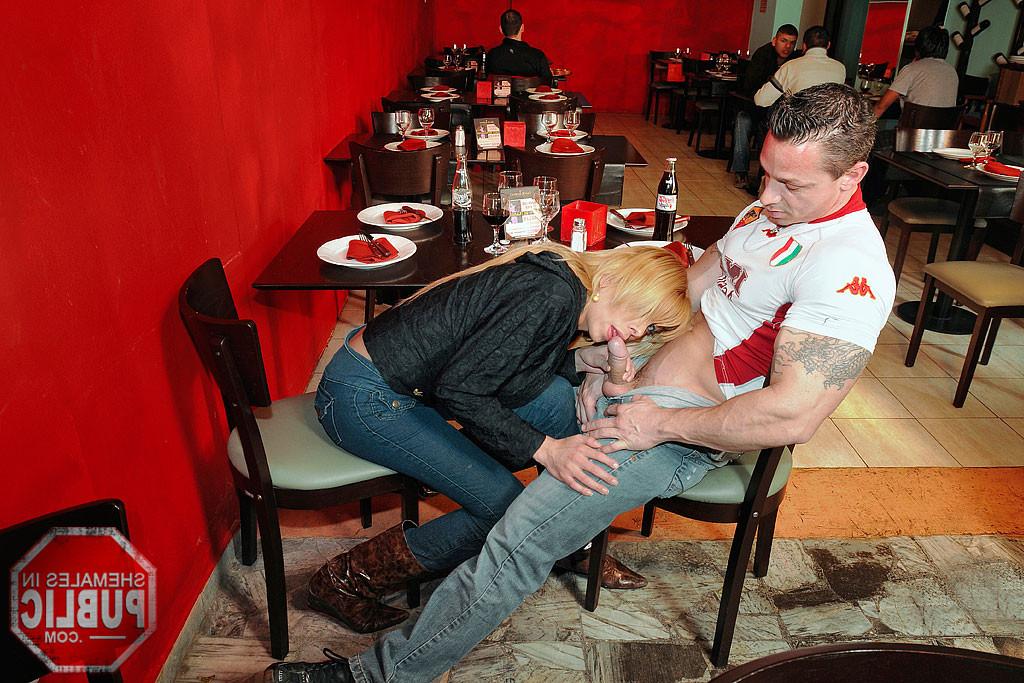 15P Sex is on the menu as this horny blonde shemale bangs her stud in a cafe