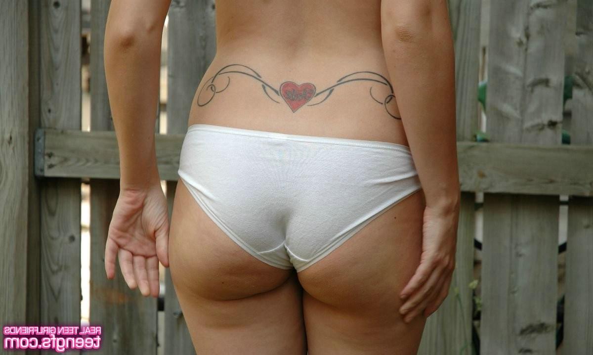 15P Busty amateur teen GF drops white cotton panties in homemade pix