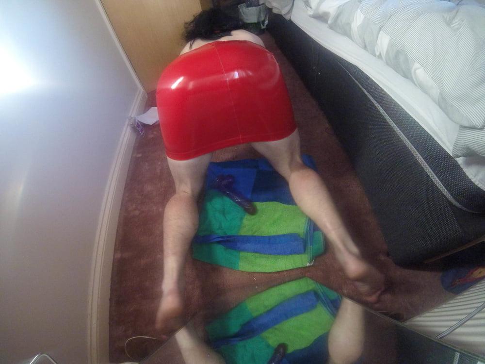24P Big ass red latex skirt dildo fuck and thong