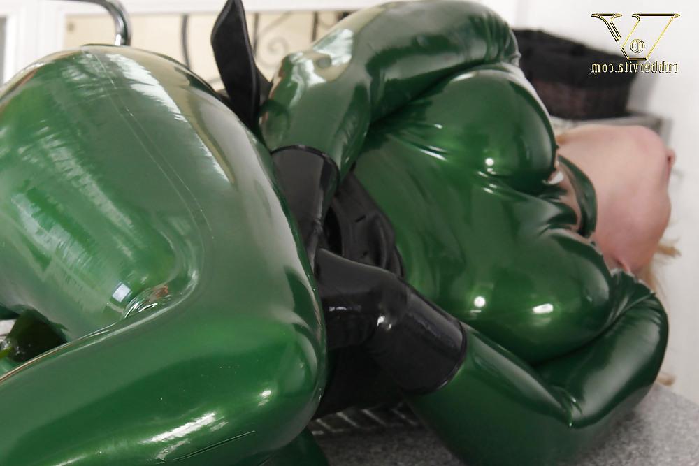 14P Green latex catsuit