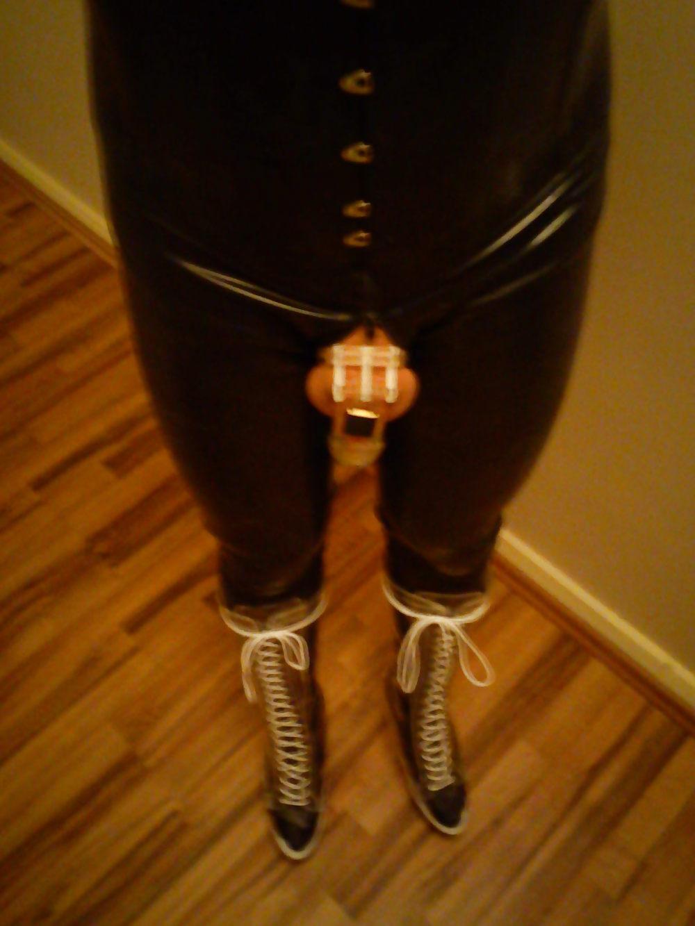 8P Latex catsuit, corset, boots and chastity