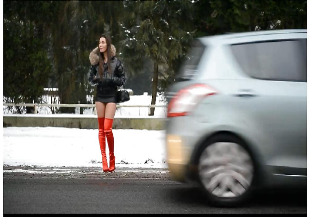 4P French Hooker in thigh high boots in the snow upskirt
