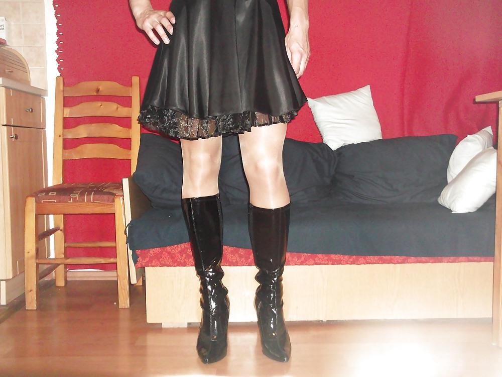 12P Black satin dress and vinyl boots