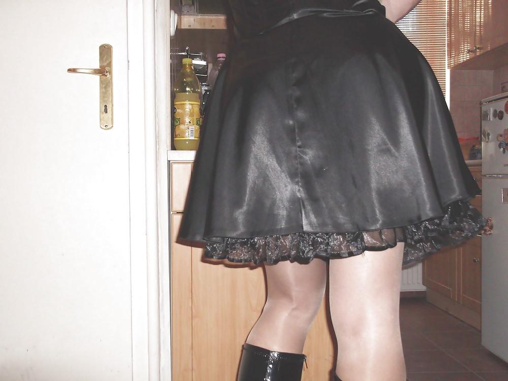 12P Black satin dress and vinyl boots