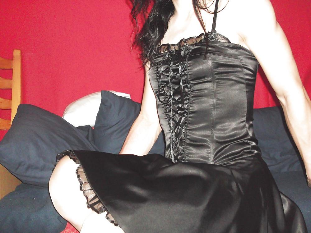 12P Black satin dress and vinyl boots