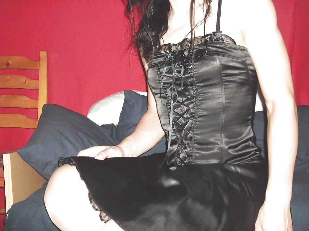 12P Black satin dress and vinyl boots