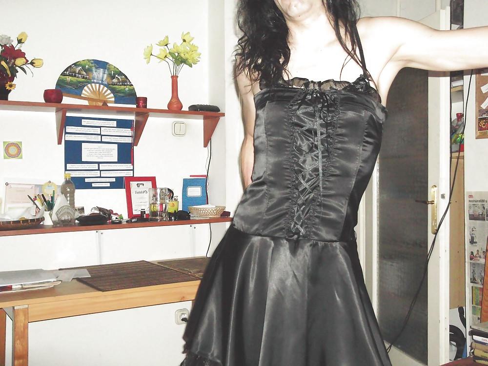 12P Black satin dress and vinyl boots