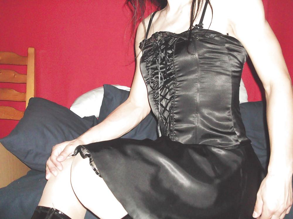 12P Black satin dress and vinyl boots