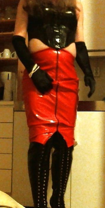 14P Me crossdressing in shiny red skirt & black lace up boots