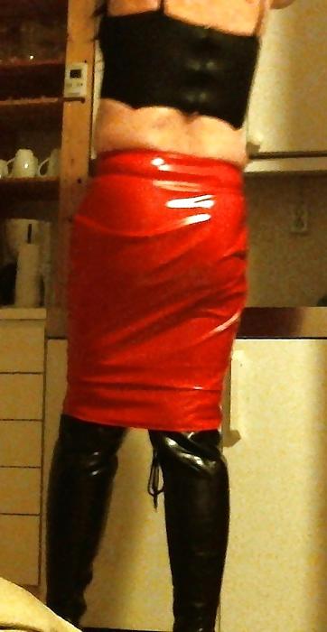 14P Me crossdressing in shiny red skirt & black lace up boots