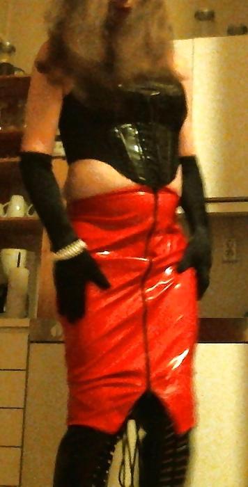 14P Me crossdressing in shiny red skirt & black lace up boots