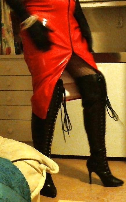 14P Me crossdressing in shiny red skirt & black lace up boots
