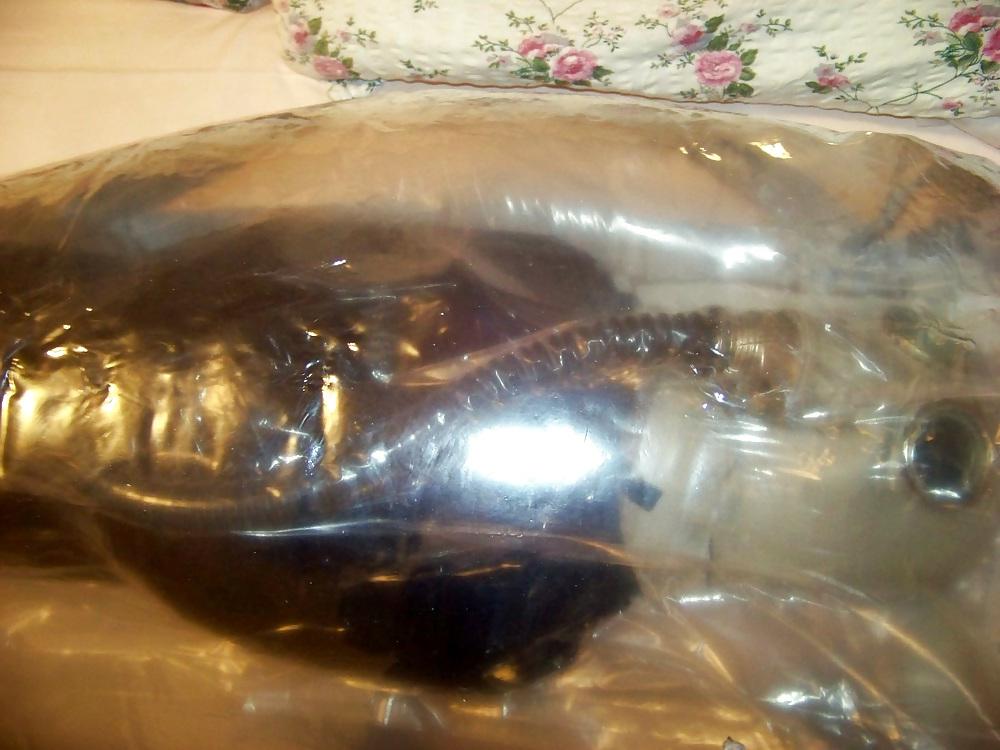 9P My wife in mummification, gas mask, inflatable bondage bag